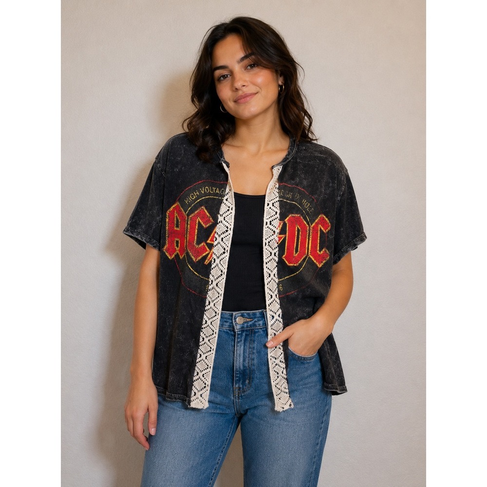 Upcycled AC/DC High Voltage 1976 UK Tour Graphic Tee cardigan Lace OOAK Sz M